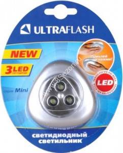 Ultraflash фонарь пушлайт LED6244 (3xR03) 3св/д (12lm), серебро/пластик, скотч, BL