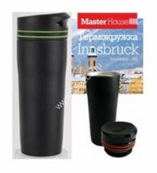 Термокружка MasterHouse Innsbruck-380, колба нерж.сталь, 0,38л, черная с зеленой полосой, арт.60254