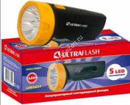 Ultraflash фонарь ручной LED3827 (акк. 4V 0.7Ah) 5св/д, черный+желт./пластик, вилка 220V