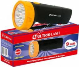 Ultraflash фонарь ручной LED3829 (акк. 4V 0.7Ah) 9св/д, черный+желтый/пластик, вилка 220V
