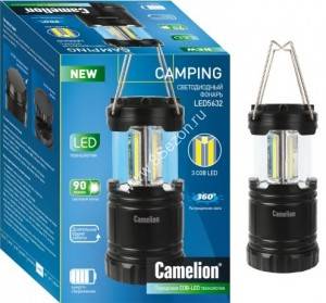 Camelion фонарь кемпинговый LED5632 (3xR03) 3св/д COB (90lm) крюк, черный/пластик